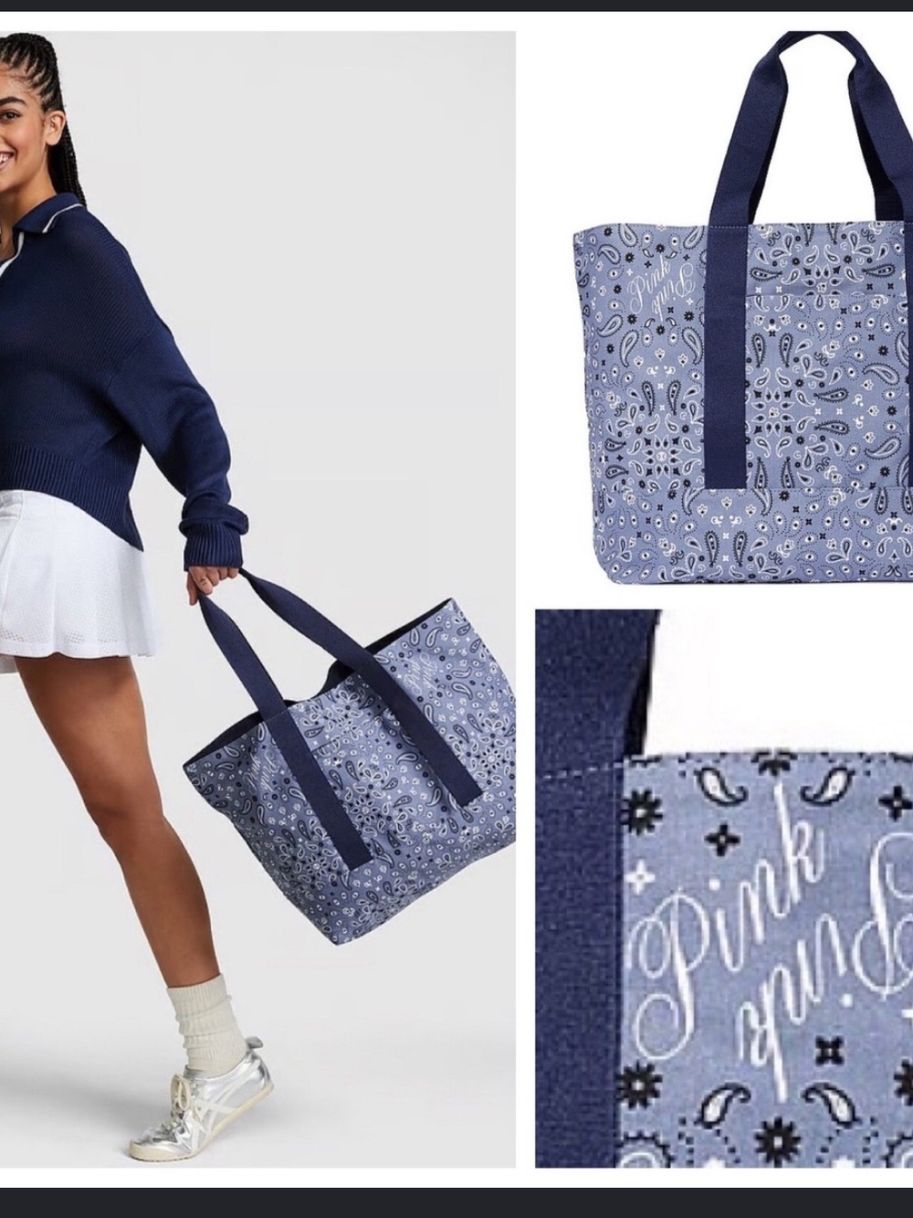 Nwt Victoria's Secret Blue Paisley Canvas Tote with Navy Handles - Picture 2 of 4